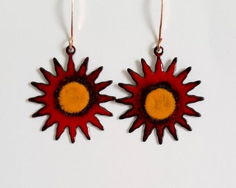 Copper Enameled  sun earrings, red and orange enamel sun earrings, celestial earrings, colorful earrings, hippie earrings, beachy, boho