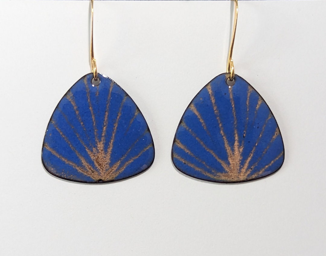 Torch Fired Copper Enameled Blue and Gold Drop Earrings, Enamel