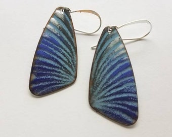 Enameled copper drop earrings, butterfly wing earrings,blue earrings,enamel earrings, colorful earrings, boho earrings, hippie earrings