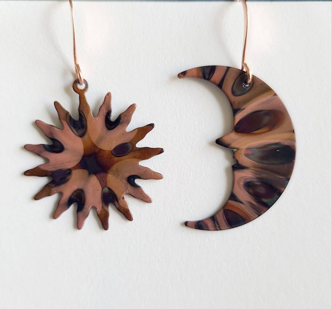 Flame Painted Copper Sun and Moon Earrings, Mismatched Copper Earrings