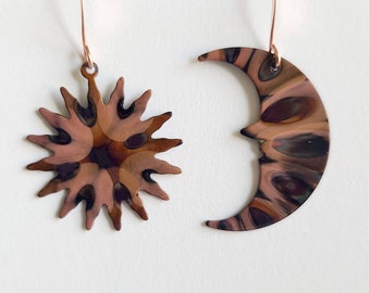 Flame painted copper sun and moon earrings, mismatched copper earrings, crescent moon earrings, rustic earrings, boho, celestial earrings