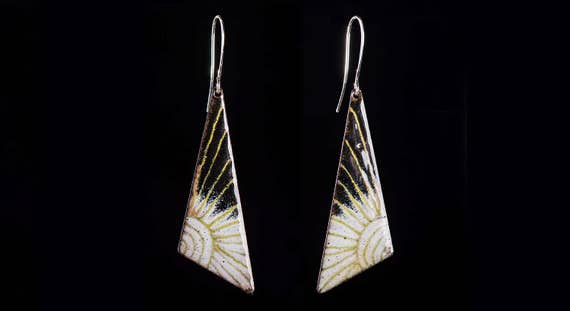 celestial jewelry hippie jewelry beachy earrings Copper enameled black and white sun earrings enameled earrings black and white jewelry