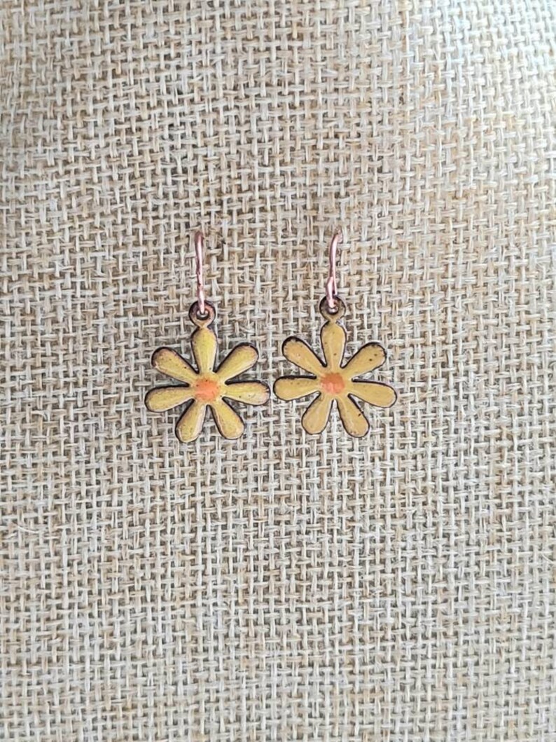 Copper Enameled Daisy Earrings Flower Earrings Yellow Daisy Etsy