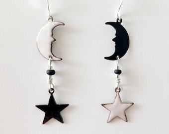 Copper enameled moon and star dangle earrings, celestial jewelry, mismatched earrings, boho jewelry, black and white earrings, wiccan