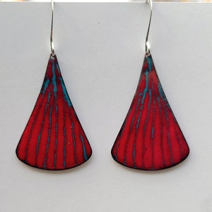 Red and turquoise copper enamel earring,  sgraffito enamel, enamel  earrings, red earrings, copper enamel earrings boho earrings, copper