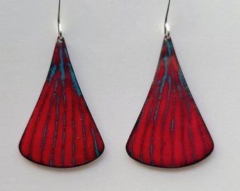 Red and turquoise copper enamel earring,  sgraffito enamel, enamel  earrings, red earrings, copper enamel earrings boho earrings, copper