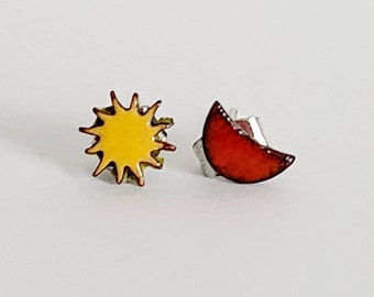 Boho Sun and moon post earrings, celestial earrings, enameled studs, mismatched earrings, hippie earrings, tiny stud earrings, sun studs