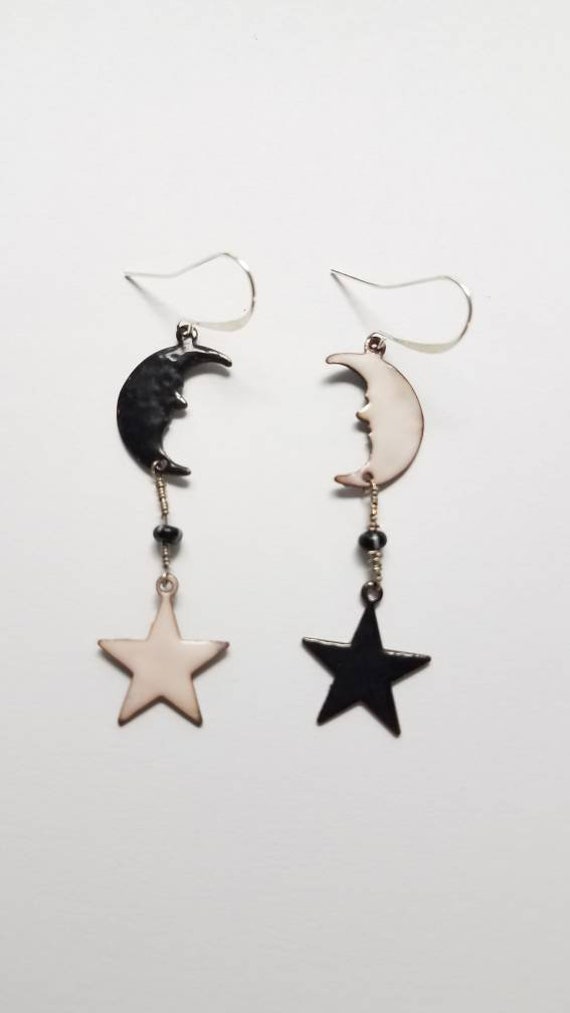 celestial jewelry hippie jewelry beachy earrings Copper enameled black and white sun earrings enameled earrings black and white jewelry