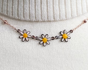 Daisy Chain Necklace, copper enameled daisy necklace, flower jewelry, enamel flower necklace, Mother's Day Gift, hippie jewelry