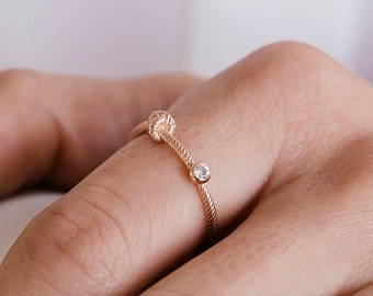 Thin rose gold infinity knot ring with white zircon, simple stacking ring, gold filled silver, solid gold 9K 14K