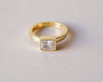 Gold engagement ring with rectangle zircon, simple solitaire ring, gold filled silver