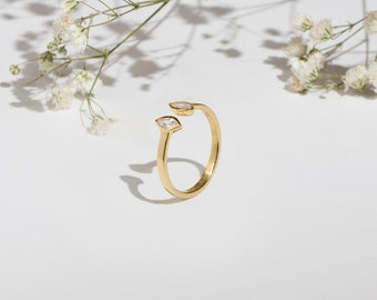 Dainty open gold ring with white marquise cut zircon, gold filled silver, solid gold 9K 14K