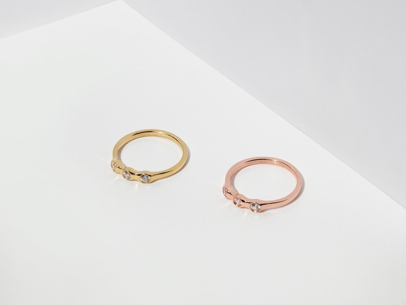 Delicate Three Stone Rose Gold Ring, Zircon Stacking Band, Gold-Filled Silver, solid gold 9K & 14K image 10