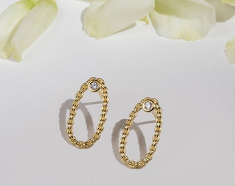 Oval link chain stud earrings with white zircon made of gold filled silver or solid gold 9K 14K