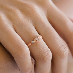 Delicate Three Stone Rose Gold Ring, Zircon Stacking Band, Gold-Filled Silver, solid gold 9K & 14K image 2