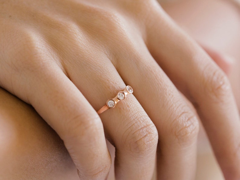 Delicate Three Stone Rose Gold Ring, Zircon Stacking Band, Gold-Filled Silver, solid gold 9K & 14K image 2