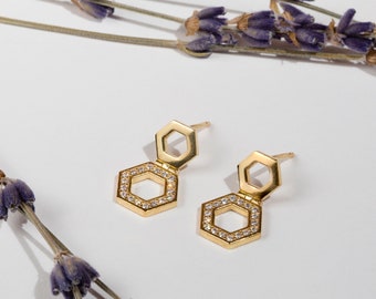 Hexagon drop earrings with white zircon, open hexagon earrings, simple everyday earrings