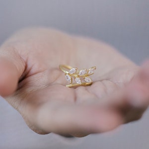 Gold twig ring with white zircon leaves, tree branch ring, stackable ring, gold filled silver, gold 9K 14K image 3