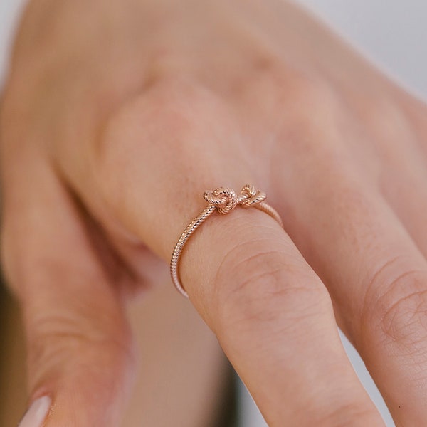 Dainty Rose Gold Knot Ring, Minimalist Twisted Wire Design, Everyday 14K Gold Ring