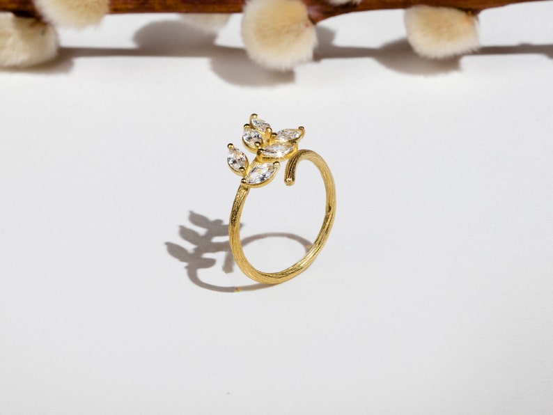 Gold twig ring with white zircon leaves, tree branch ring, stackable ring, gold filled silver, gold 9K 14K image 4