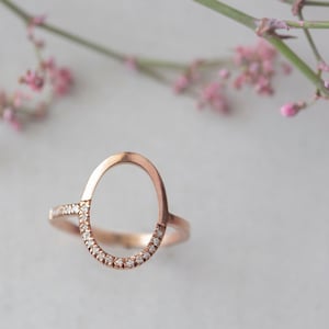 Open oval ring with zircon 14k rose gold plated Dainty ring Decemeber birthstone image 1