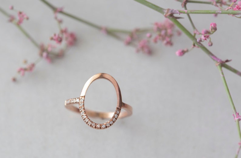 Open oval ring with zircon 14k rose gold plated Dainty ring Decemeber birthstone image 1