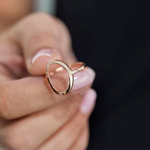 Open oval ring with zircon 14k rose gold plated Dainty ring Decemeber birthstone image 2