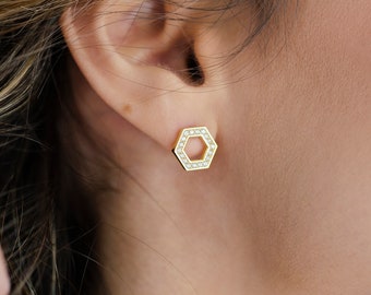 Dainty Gold Open Hexagon Stud Earrings with White zircons, Tiny Honeycomb Earrings, Everyday Studs