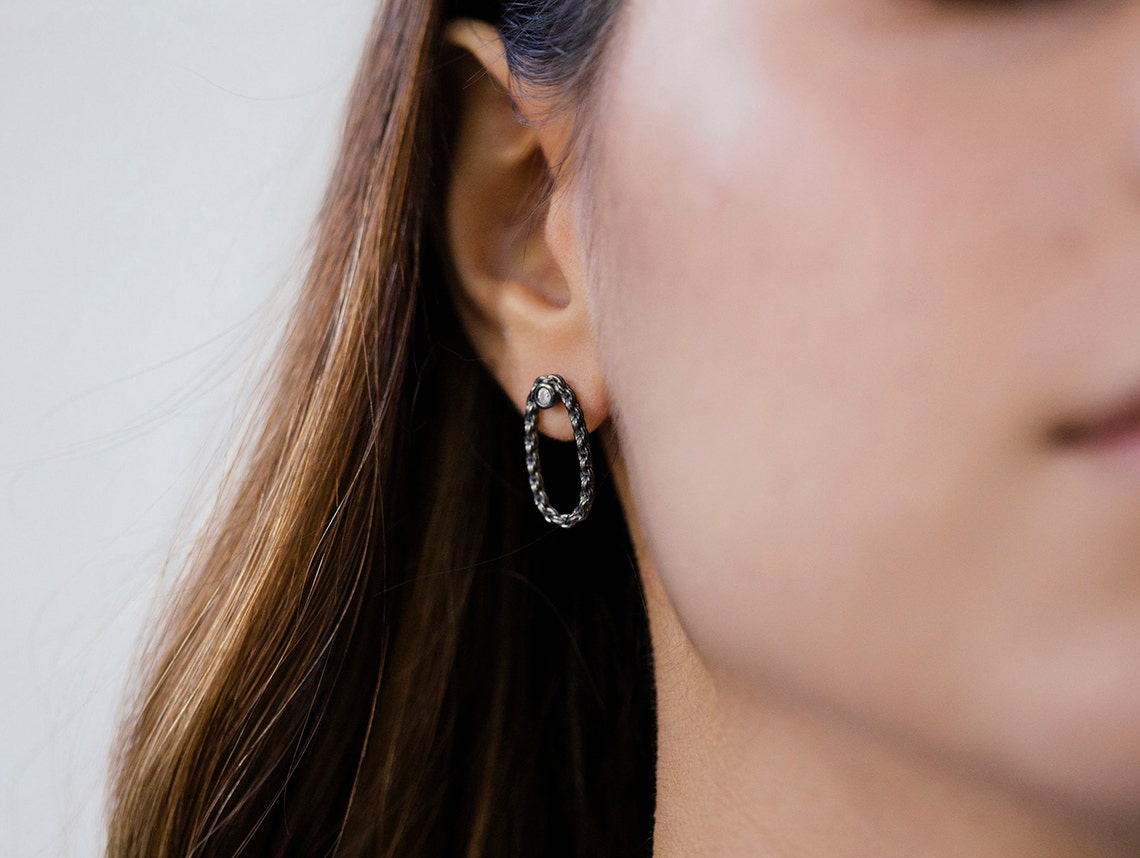 Schwarze ovale Link Kette Ohrringe mit weißen Zirkon minimale | Etsy