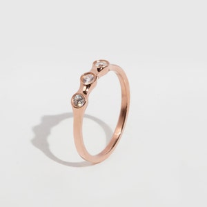 Delicate Three Stone Rose Gold Ring, Zircon Stacking Band, Gold-Filled Silver, solid gold 9K & 14K image 3