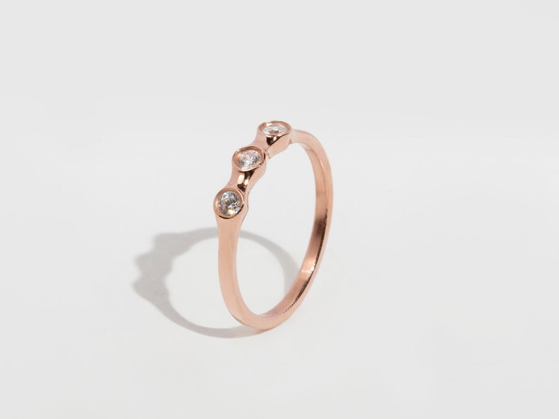 Delicate Three Stone Rose Gold Ring, Zircon Stacking Band, Gold-Filled Silver, solid gold 9K & 14K image 3