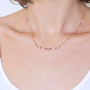 Minimal curved bar pendant, rose gold layering necklace, gold plated silver image 1