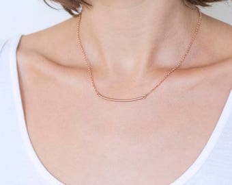 Minimal curved bar pendant, rose gold layering necklace, gold plated silver