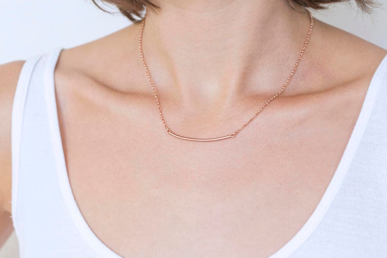 Minimal curved bar pendant, rose gold layering necklace, gold plated silver image 1