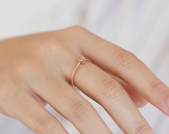 Anello a nodo singolo in oro rosa, anello a filo ritorto boho, anello quotidiano in oro massiccio 14K