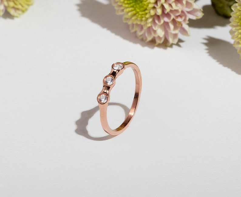 Delicate Three Stone Rose Gold Ring, Zircon Stacking Band, Gold-Filled Silver, solid gold 9K & 14K image 1