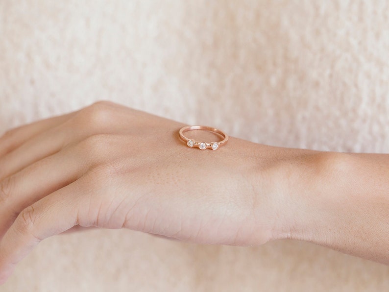 Delicate Three Stone Rose Gold Ring, Zircon Stacking Band, Gold-Filled Silver, solid gold 9K & 14K image 9