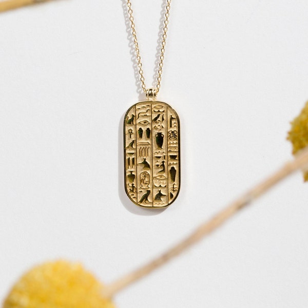 Egyptian cartouche pendant, ethnic charm necklace, anniversary gift, sterling silver, solid gold 9K 14K