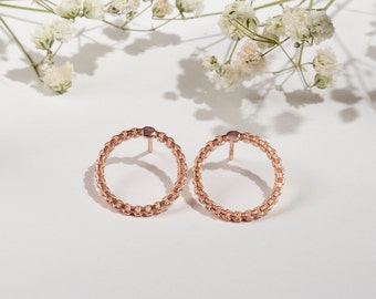 Round link chain rose gold stud earrings, dainty earrings, open round studs, gold filled silver, solid gold 9K 14K