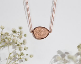 Rose gold freeform pendant with texture and floral engraving, double side charm, layering necklace, gold filled silver, 9K 14K gold