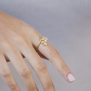 Gold twig ring with white zircon leaves, tree branch ring, stackable ring, gold filled silver, gold 9K 14K image 5