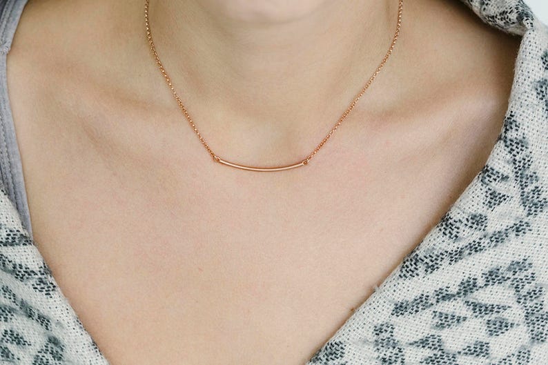 Minimal curved bar pendant, rose gold layering necklace, gold plated silver image 4