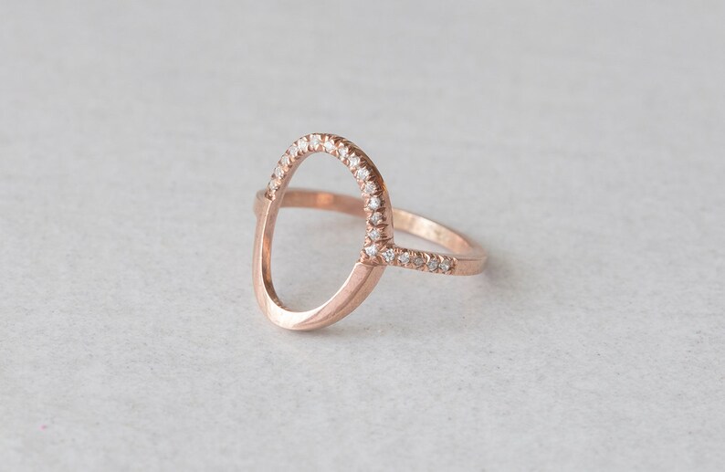 Open oval ring with zircon 14k rose gold plated Dainty ring Decemeber birthstone image 3