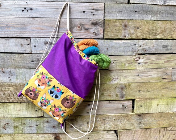 Drawstring Cotton Backpack with Woodland Animals and great for knitters and crocheters