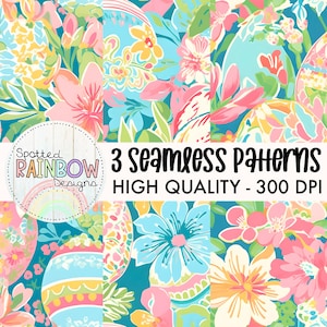 以下が含まれることがあります： パステルピンク、ブルー、イエローのフローラルデザインとイースターエッグがティールブルーの背景に描かれた、シームレスなデジタルペーパーパターン3つ。画像には「3 Seamless Patterns」と「High Quality - 300 DPI」のテキストが表示されています。