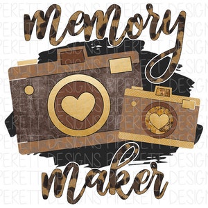 Pode incluir: Um design gráfico digital com duas câmeras com um design de estampa de leopardo e o texto "memory maker".