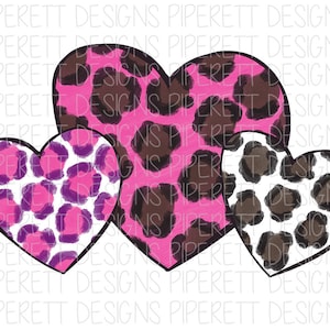 Leopard Cheetah Print Valentine&#39;s Day Hearts Pink White Purple Clipart PNG Digital Download Sublimation Shirt Design