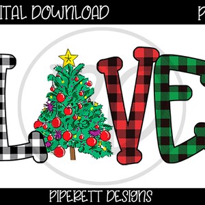 LOVE Buffalo Plaid Christmas Tree Shirt Clipart PNG Digital Download Sublimation Design