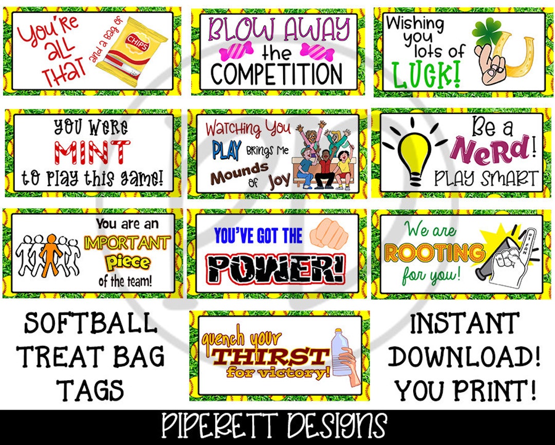 INSTANT DOWNLOAD Printable Softball Team Treat Goody Candy Bag Tags