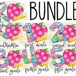 BUNDLE PreK - 5th Grade Level Shirt Teacher Apple Colorful Floral Preppy Pattern Digital Design Sublimation Clipart PNG Download